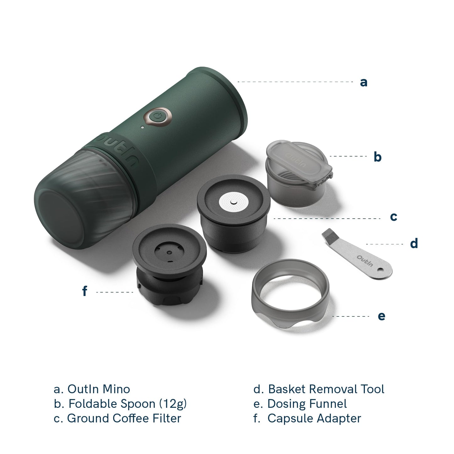 OutIn Mino Portable Electric Espresso Machine, Mini Camping Coffee Maker for Travel, Pocket Sized Coffee Machine Self-Heating, Ground Coffee & NS Capsule Adapter For Adventure