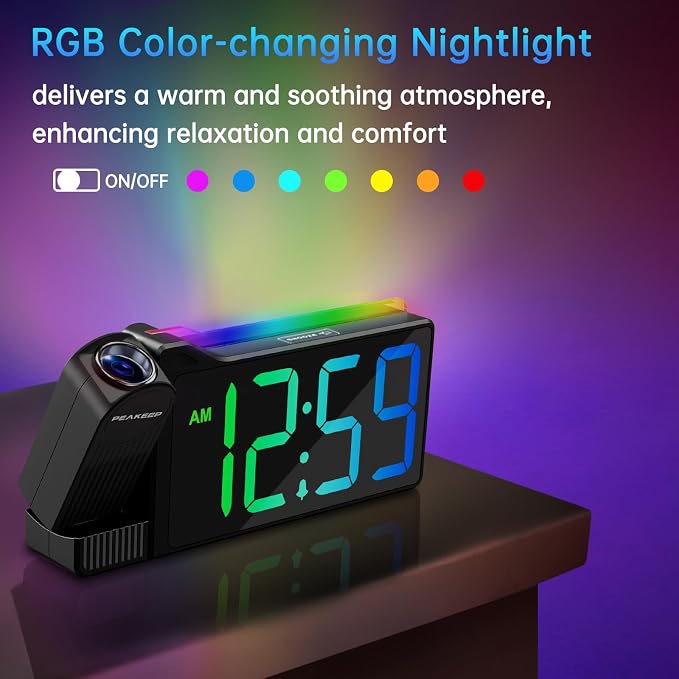 Peakeep Projection Alarm Clock for Bedroom Ceiling with Colorful Nightlight