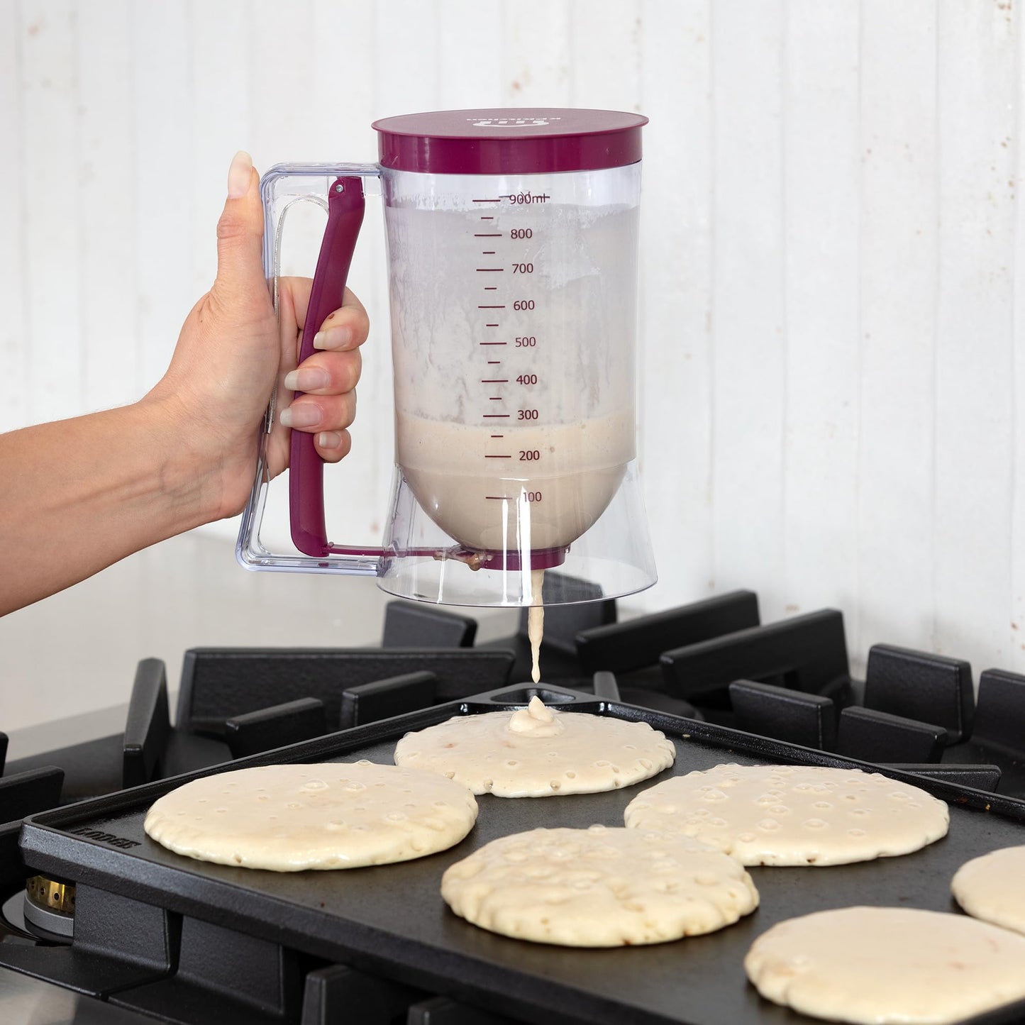 KPKitchen Pancake Batter Dispenser - Kitchen Must Have Tool for Perfect Pancakes, Cupcake, Waffle, Muffin Mix, Cake & Crepe - Baking Supplies for Griddle - Pancake Maker with Measuring Label (Purple)