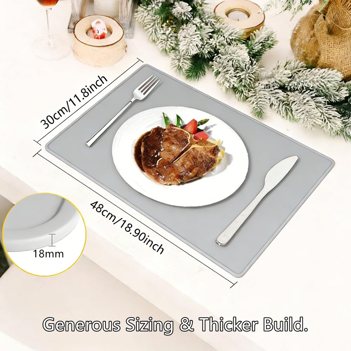 IYYI Silicone Placemats, Dining Placemats Set of 4, Waterproof Placemats for Kids, Heat Resistant Non-Slip Silicone Mats for Dinner Table, Dishwasher Safe (Light Gray, 18.9×11.8)