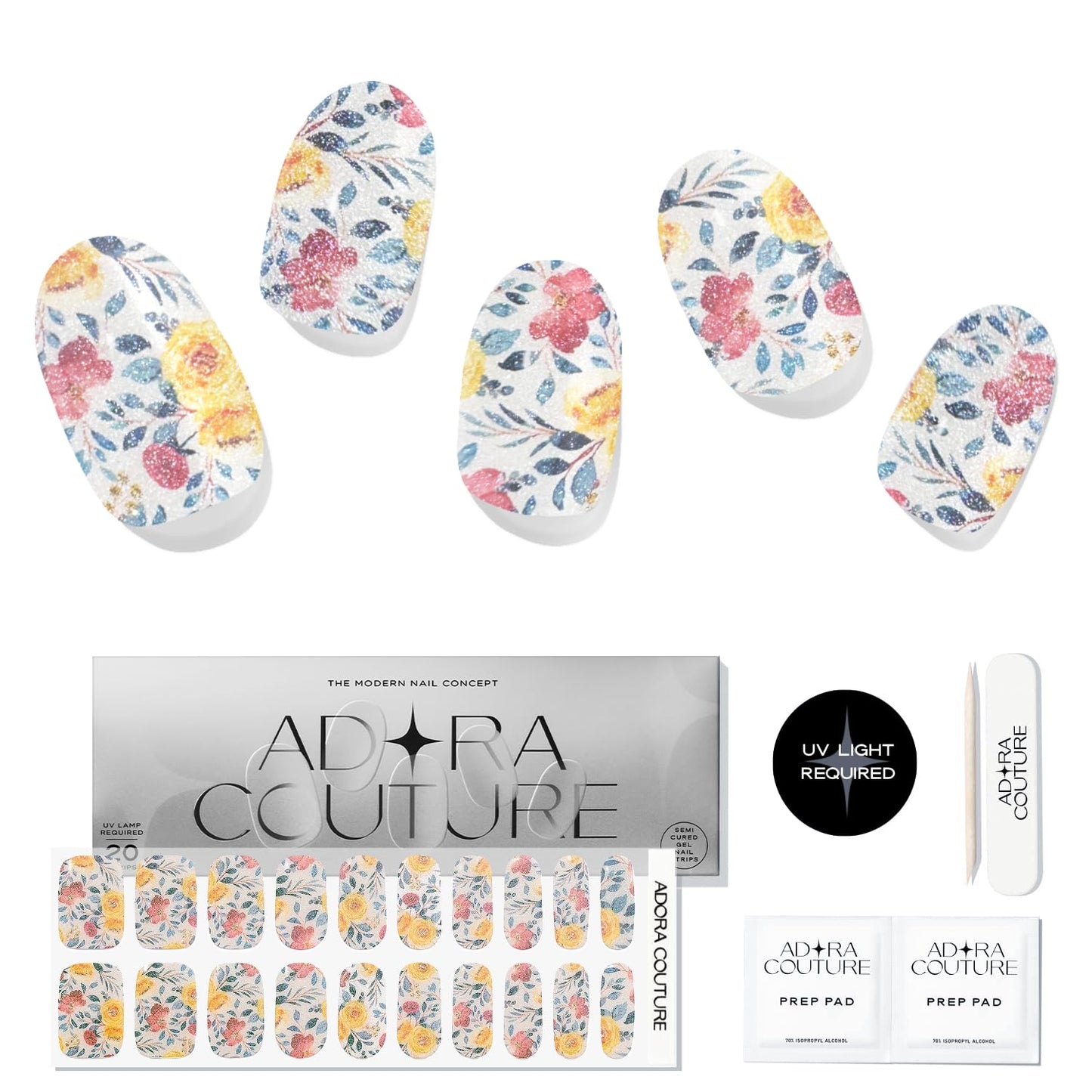 Adora Couture Semi Cured Gel Nail Strips with 20 Pieces - UV Gel Stickers, Manicure Kit, Easy Application Wraps Includes Prep Pads, Nail File, Wooden Stick - UV Light Required (M Vintage)