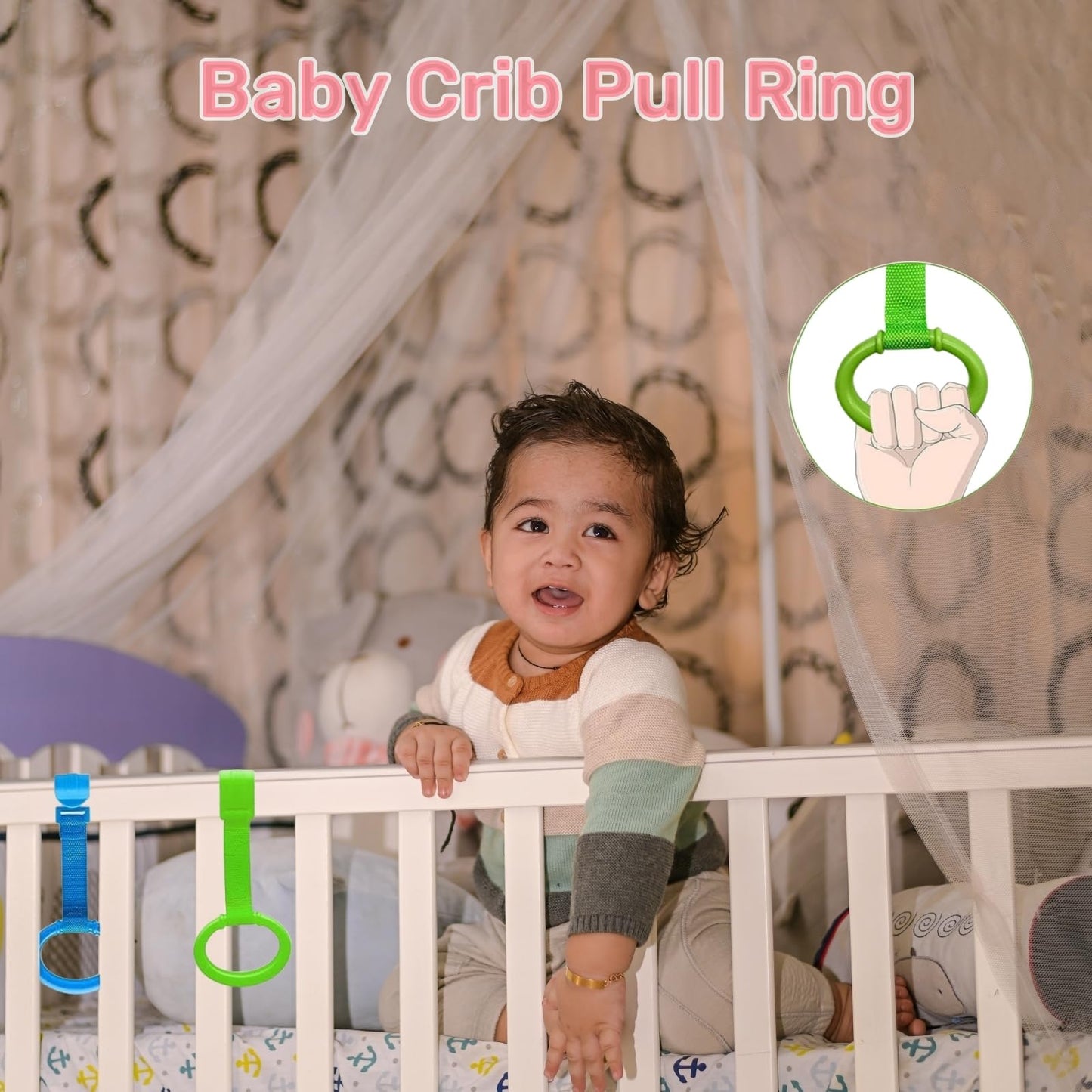 6PCS 4 Colors Baby Playpen Pull up Rings-Plastic Crib Pull Rings Walking Exercises Assistant Stand Up Cot Hanging Ring for Infant Baby Toddler