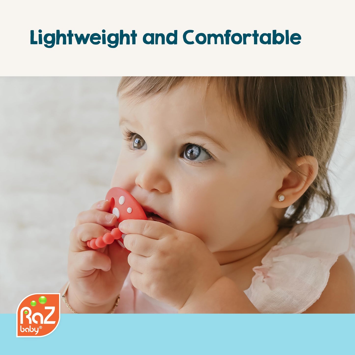 RaZbaby Soft Silicone Infant & Baby 3M+ Teether Toy Massaging Bristles Teething Relief Pacifier - Soothes Sore Gums - Hands-Free & Easy-to-Hold Chompy Teether, BPA Free (RED/Green)