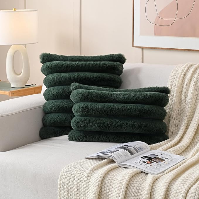 FUTEI Christmas Dark Green Decorative Throw Pillow Covers 18x18 Inch Set of 2, Square Soft Faux Rabbit Fur Thick Striped Cushion Cover,Winter Home Decor for Couch Bed Living Room