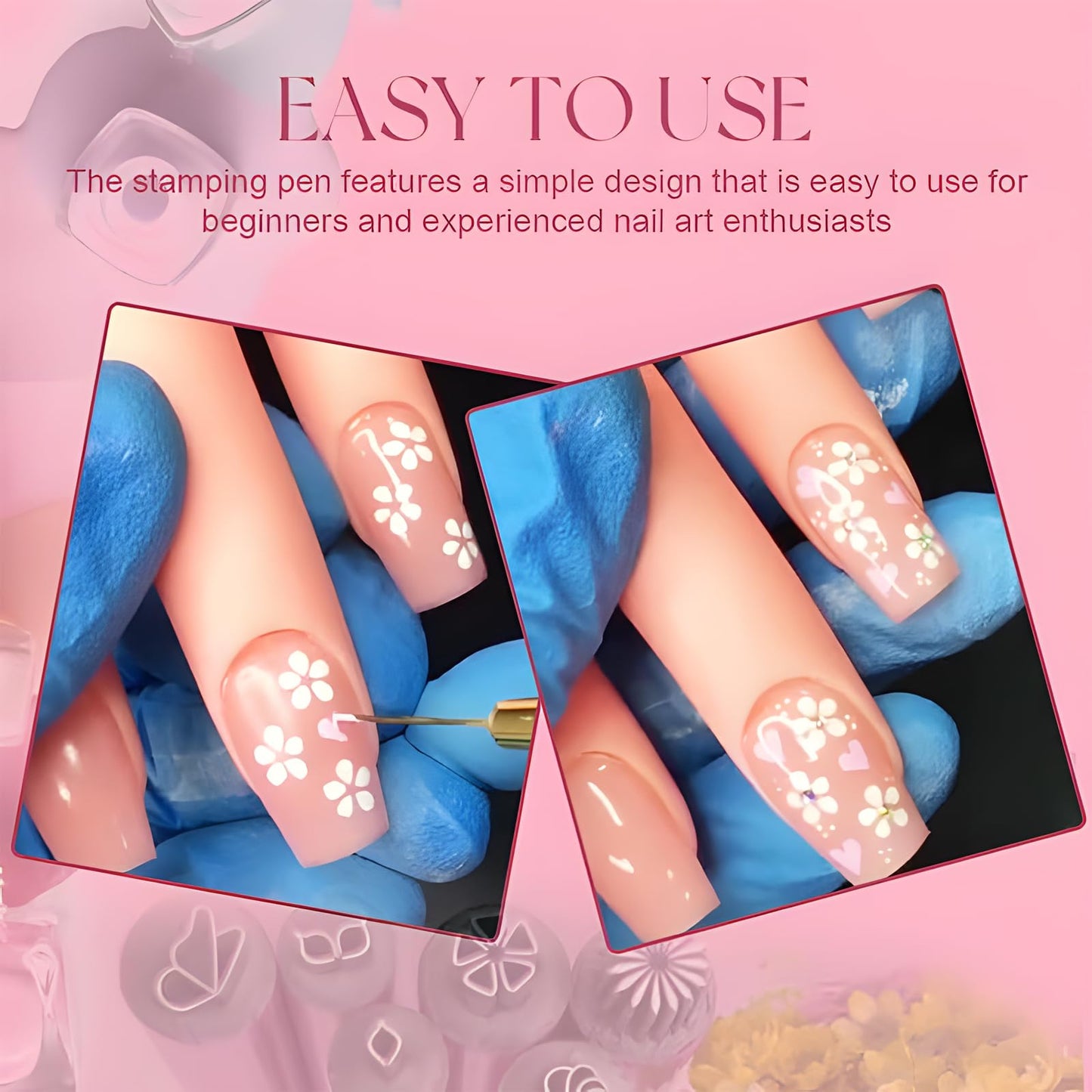 Flower Nail Art Stamp Set - 10pcs, Precision Stamp Pen, Dotting Tool, Foil, Designs for Women