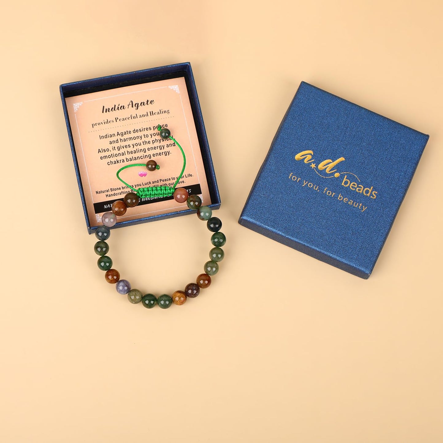 AD Beads 8mm India Agate - Peaceful - Handmade Natural Stone Crystal Bracelet with Adjustable Macrame String - Yoga Healing Power Energy Gifts for Men and Women