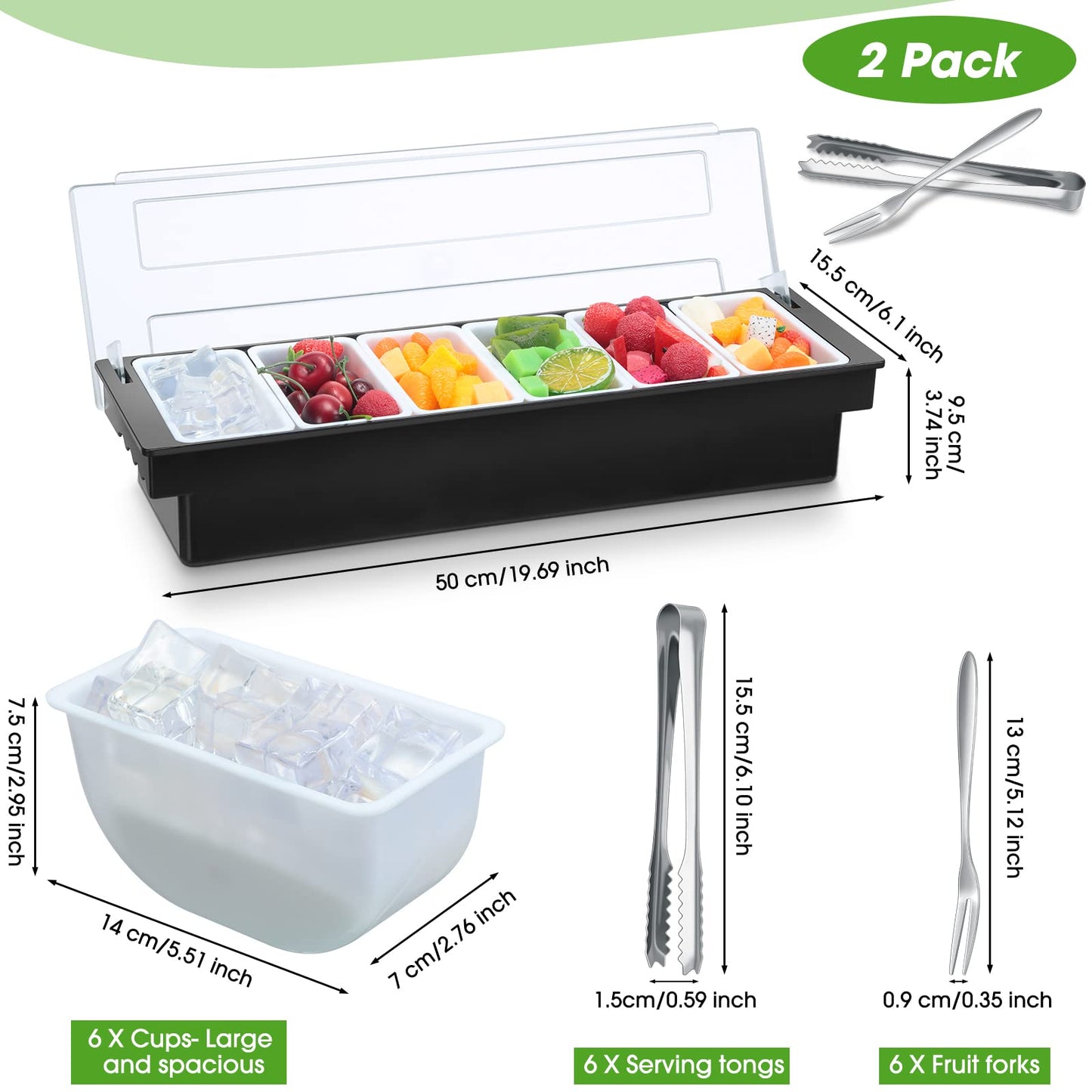 Gandeer 2 Ice Cooled Garnish Tray Deck Bar Garnish Caddy Condiment Containers with Lids and Removable Chilled Condiment Server with 6 Tongs and 6 Fruit Forks (6 Compartments)