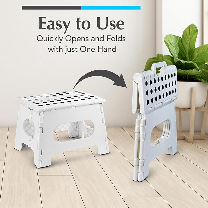 Handy Laundry Folding Lightweight Step Stool - Sturdy Enough to Support Adults and Safe Enough for Kids - Opens Easy with One Flip - Great for Kitchen, Bathroom or Bedroom (White - 8 Inch)