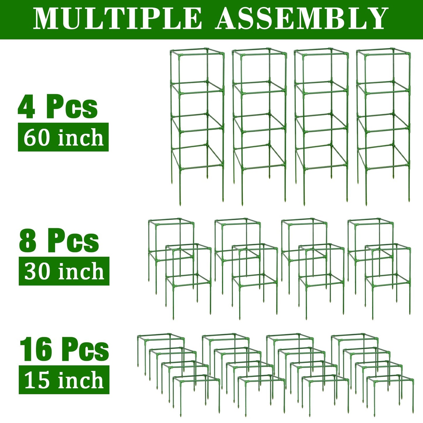 ZeeDix 4 Pack Tomato Cages for Garden 60 Inches, Heavy Duty Square Adjustable Tomato Trellis Cage Climbing Plant Support Trellis Plant Cages for Climbing Vegetables Flowers with 40Pcs Clips