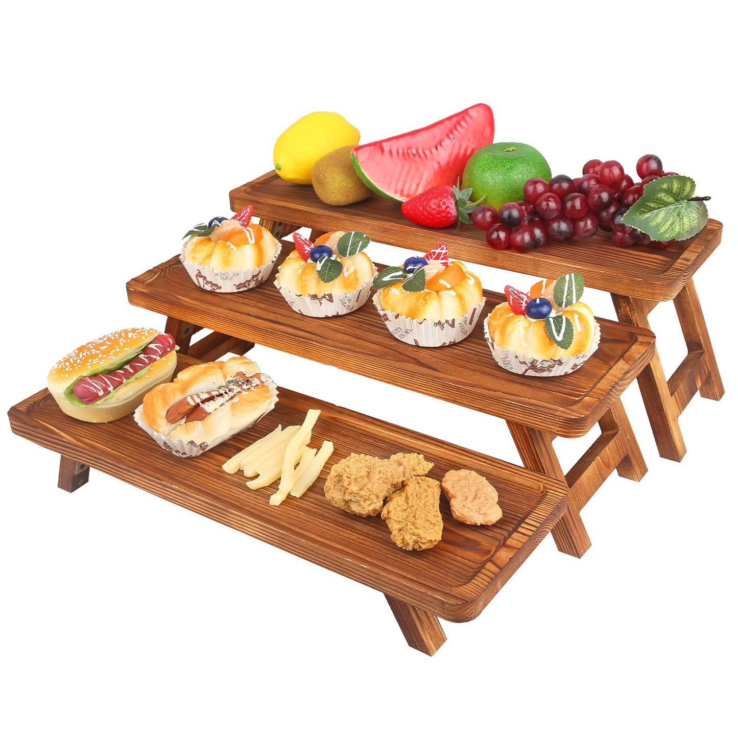 Wisreach 3 Tier Wooden Serving Tray Stand, Foldable Tiered Dessert Display Set for Party, Wedding, Birthday, Christmas, Rustic Charcuterie Boards Table Decor
