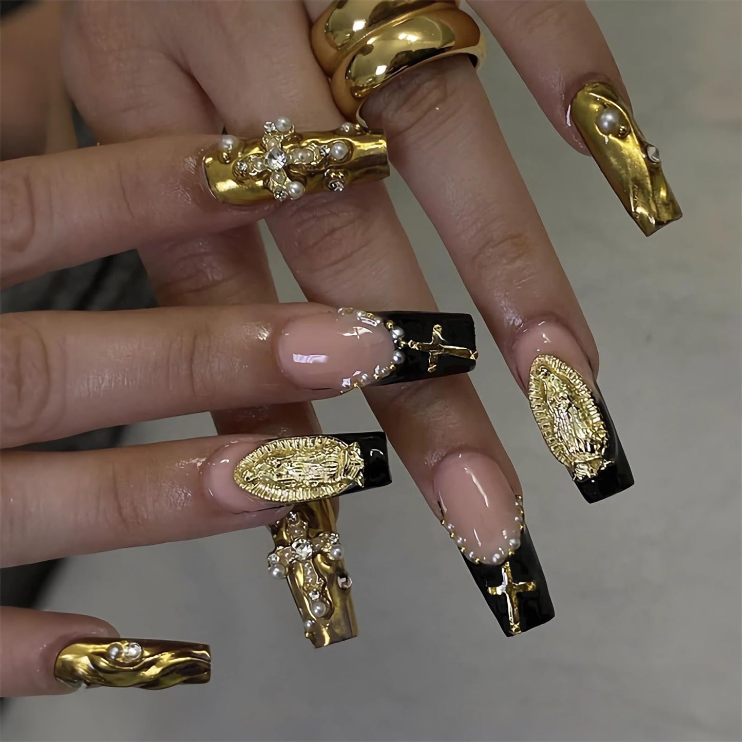 BABALAL Press on False Nails Long Square Fake Nails Black and Gold Chrome Gothic Glue on Cross Charm Luxury 3d Design French Tip Acrylic 24Pcs Y2k Handmade Custom Full Cover Gel Nails