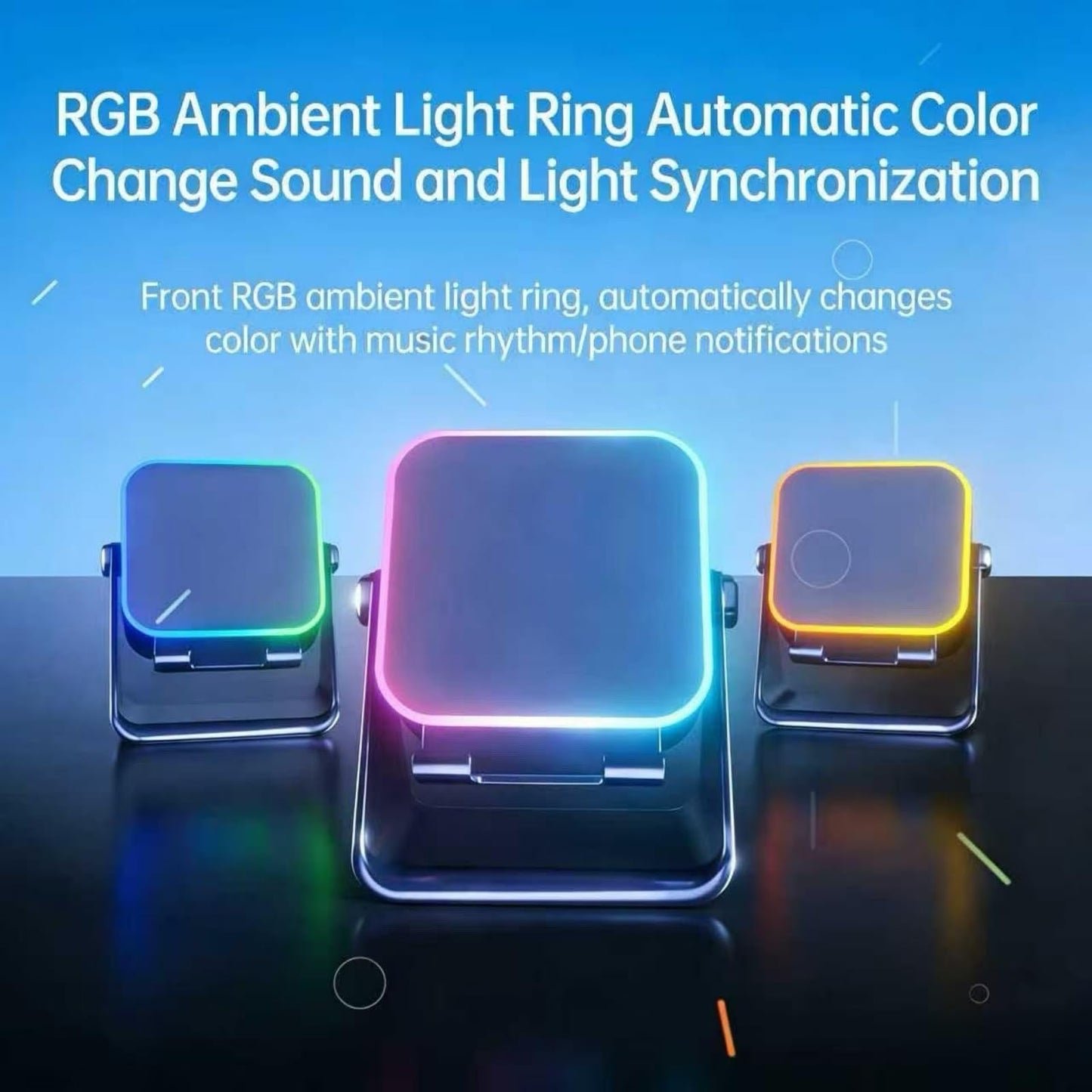 5-in-1 Wireless Induction Speaker,360°Adjustable Phone Stand with Wireless Bluetooth Speaker, Stereo Sound, Multiple RGB Ambient Lights,3500mAh Rechargeable Compatible with iPhone Gifts for Men Women