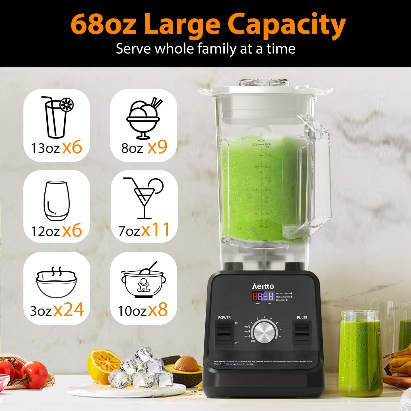Aeitto Blender for Kitchen, 68 Oz Large Capacity Professional Countertop Blender, 1500-Watt Smoothie Blender for Ice Crush, Frozen Drinks, Black