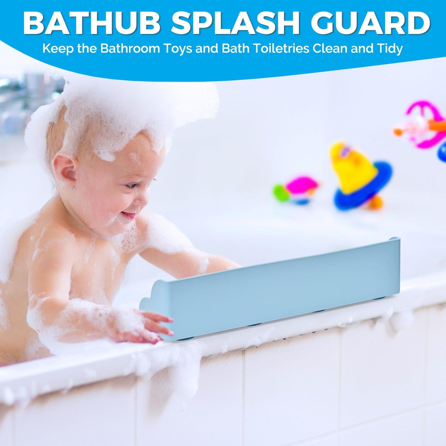 Weeme Bathtub Splash Guard, Silicone Bath Caddy Tray with 4 Suction Cups, Kids Toy Holder and Organizer Shelf for Toddler Tub Accessories (Blue)
