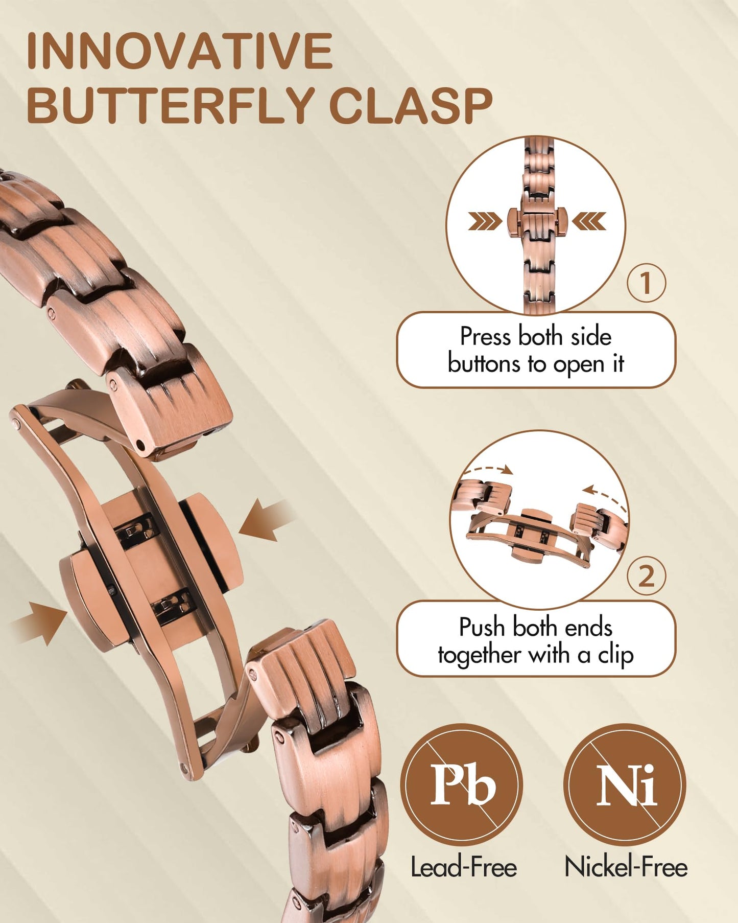 Feraco Pure Copper Bracelets for Women, 5X Ultra Strength Magnetic Bracelet with 5000 Gauss Neodymium Magnets & Upgraded Butterfly Clasp, Adjustable Jewelry Gift (Retro Style)