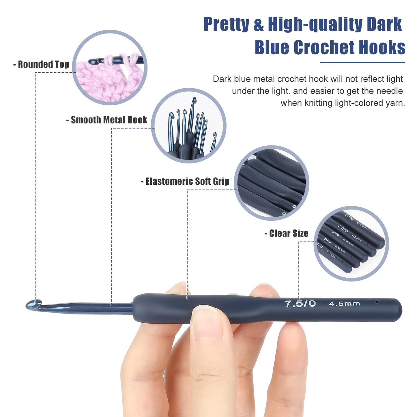 Coopay Dark Blue Crochet Hooks Ergonomic Soft Grips, 9PCS Crochet Set Aluminum Crochet Needle for Beginners/Professionals, Ergonomic Crochet Hook Set for Arthritic Hands, Ideal Crochet Accessories