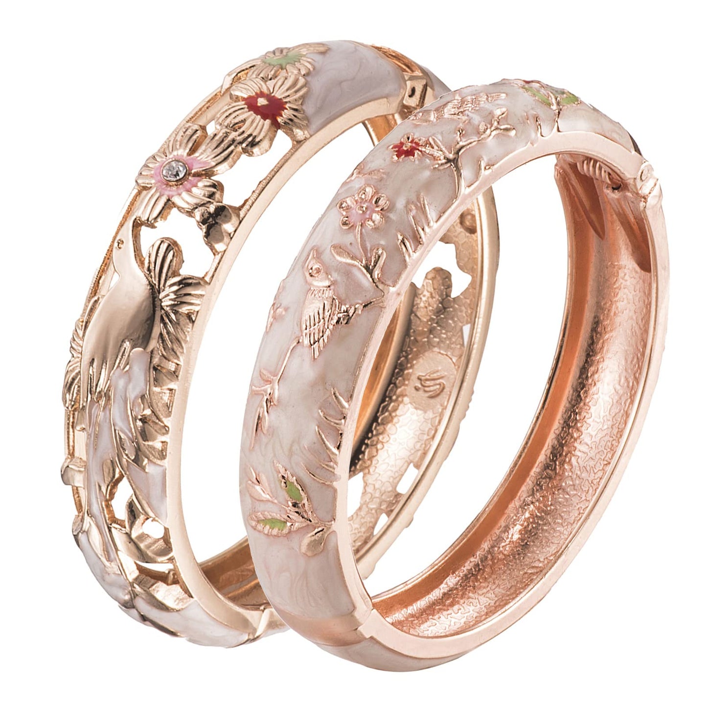UJOY Colors Handcraft Jewelry Cloisonne Bracelet Enamel Hollowed Bird Spring Hinged Womens Bangles Gifts Box 88A31-55C49 Beige White