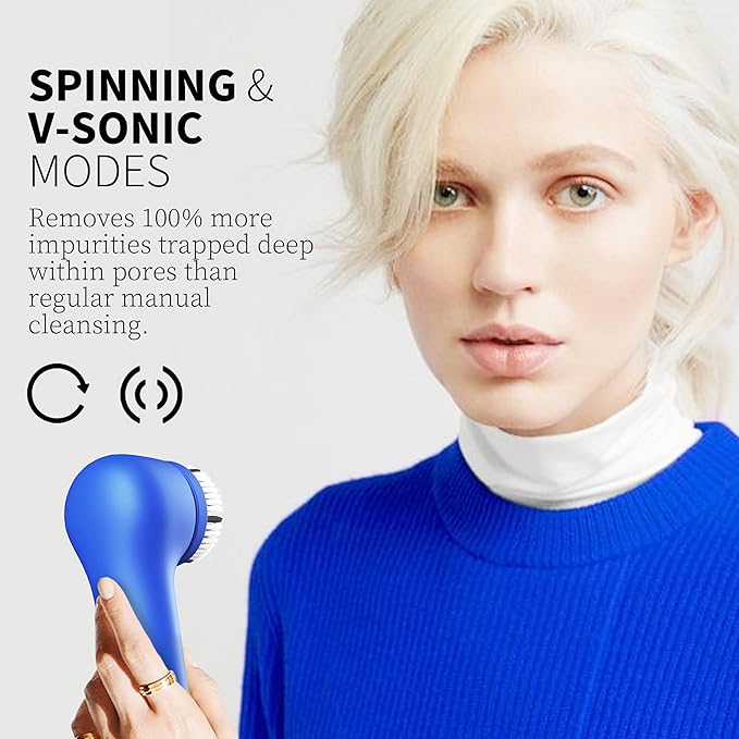 Spinning & V-Sonic Face Scrubber, NågraCoola 3.0 Facial Cleansing Brush, Waterproof & Rechargeable Face Scrub Brush for Men & Women with 3 Brushes, 3 Intensities, 2 Action Modes - Blue