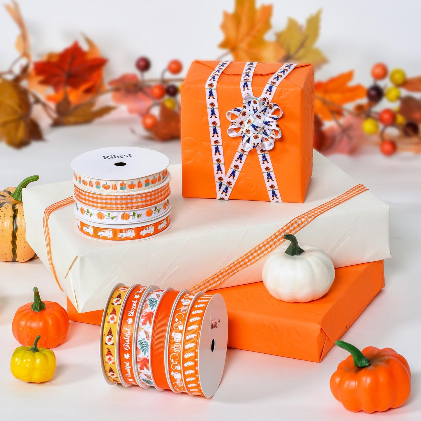 Ribest Fall Ribbon Thin, 3/8 Inch Grosgrain Pumpkin Thanksgiving Ribbons for Crafts Gift Wrapping Bows Making Autumn Harvest Decor 20 Rolls 100 Yards