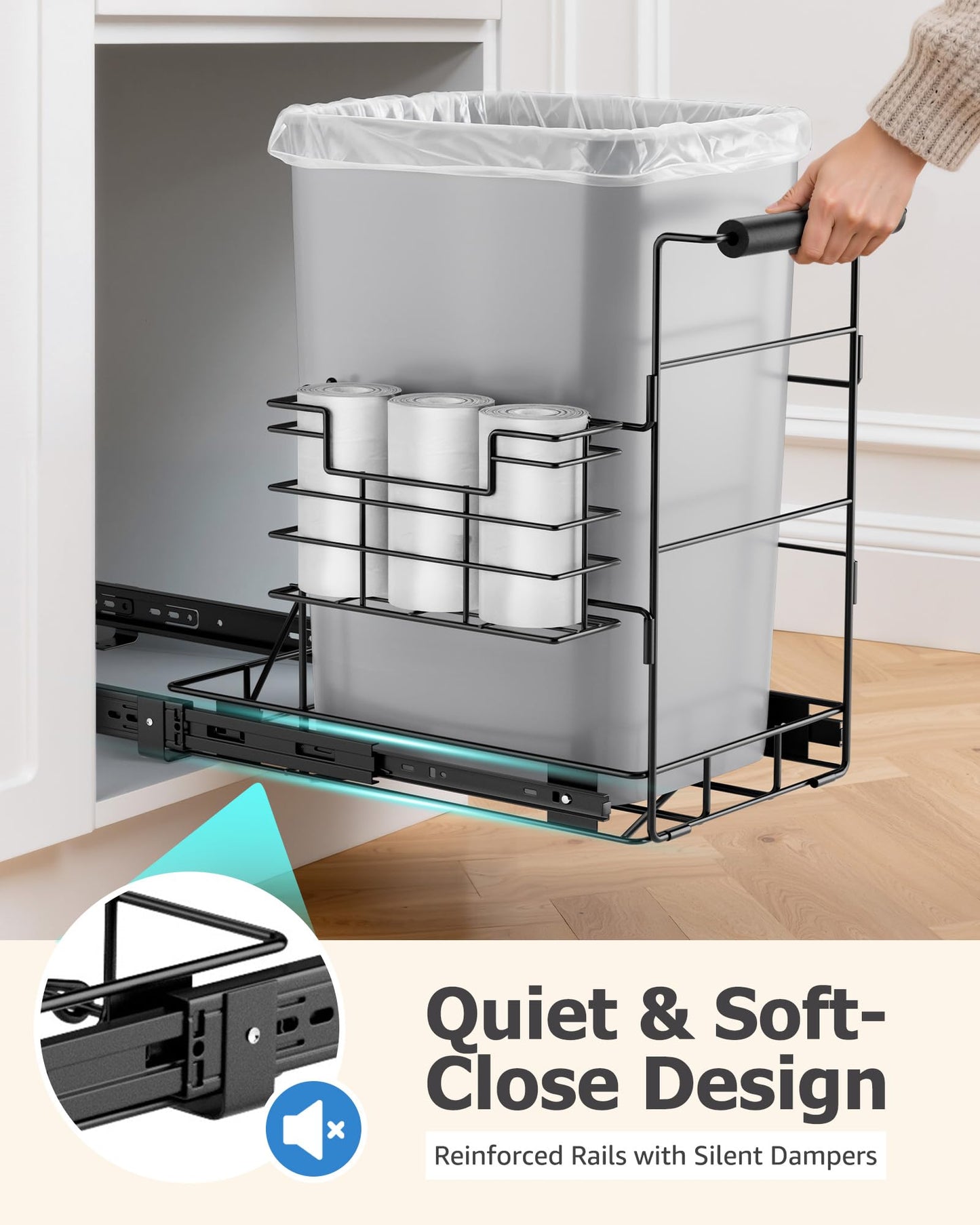Bulado Pull Out Trash Can Under Cabinet, Under Sink Trash Can Kit for 7.5-10 Gallon with Garbage Bag Holder, Heavy Duty Steel Frame, Holds Up to 125 lbs, Easy to Install (Bin Not Included)