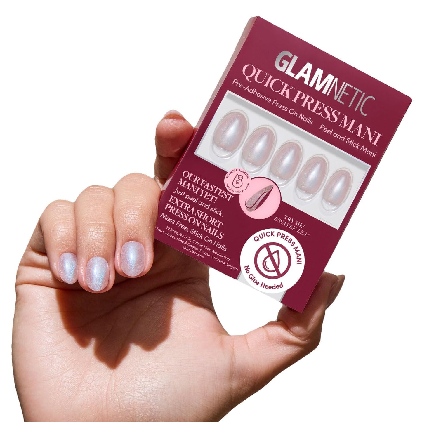 Glamnetic Quick Press Mani Bundle - No Glue Press On Nails, Just Peel and Stick | Nude Glazed & Ocean Prism | Mess Free Salon Quality Stick On Nails | Oval & Almond Extra Short Nails