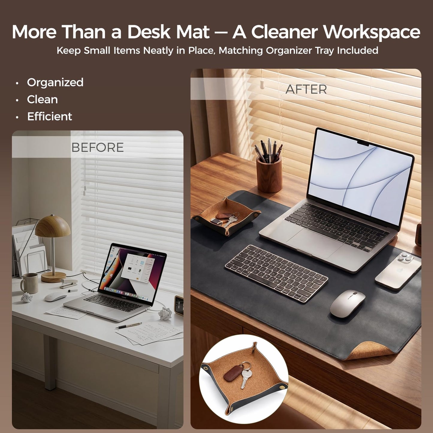 Premium Faux Leather Desk Mat & Tray Set，Innovative Cork-Look Printed Base，Gift Tube Packaging，Full-Desk Coverage，Non-Slip Desk Pad for Office Home（Classic Black）