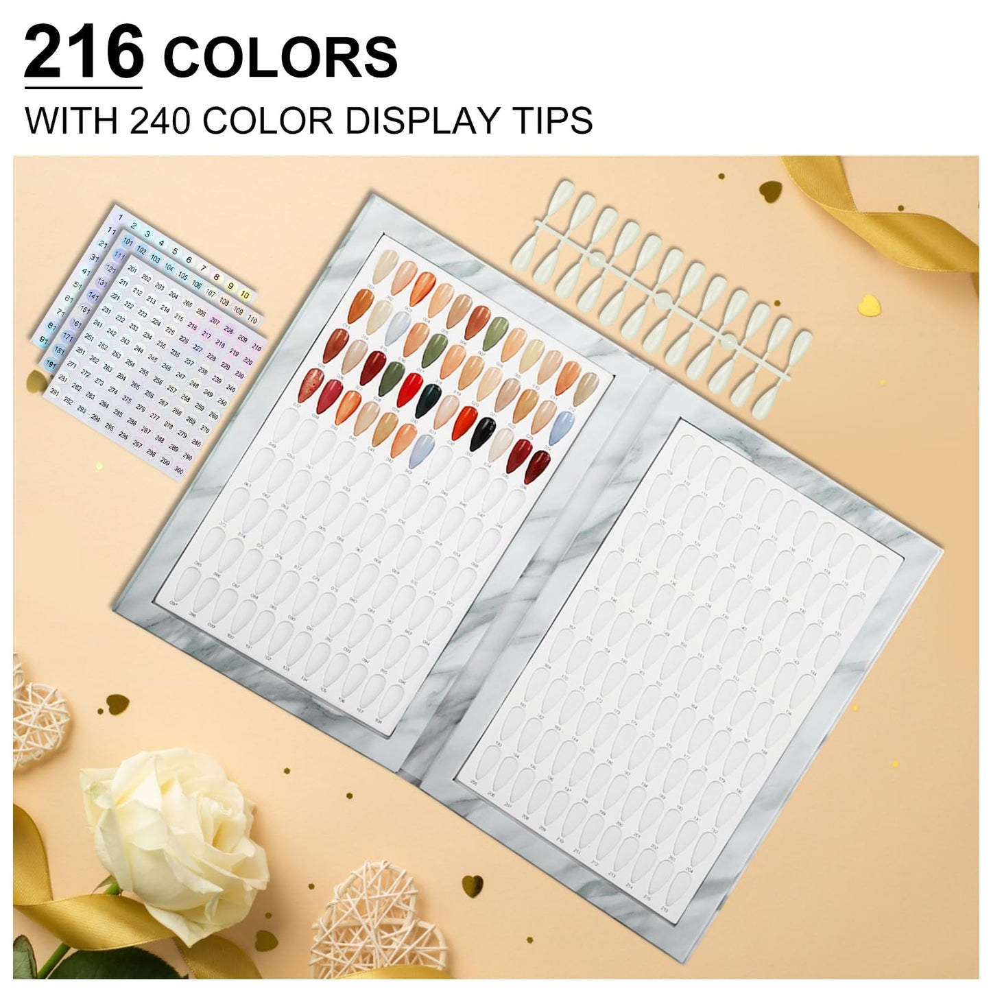 C12rtive 216 Nail Colors Book,Professional Nail Polish Chart Book with 240 Practice Tips & 1-300 Number Labels, Pre-Numbered Slots,Perfect for Salons and Home Use(Marble)