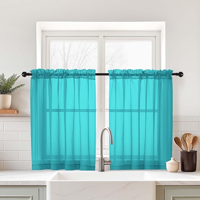 Turquoise Sheer Curtains Tier 30 Inches Length 2 Panels, Light Filtering Lightweight Soft Window Treatments Drapes, Cute Elegant Cafe Curtains for Nursery, Dual Rod Pocket, 2x42Wx30L Inches