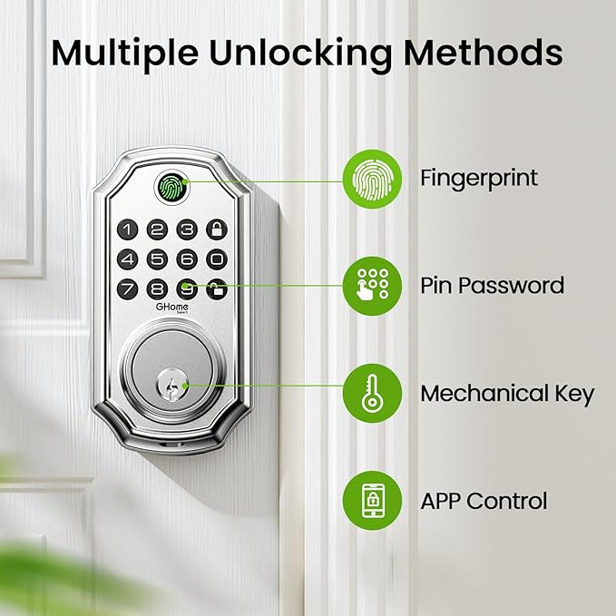 GHome Smart Door Lock KD30, Fingerprint Smart Deadbolt for Front Door, 5 in 1 Keyless Entry Door Lock, App Control, Auto Lock, 0.3s Unlock, Easy Install, for Home/Apartment/Office