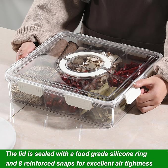 Taiuloo Divided Serving Tray with Lid & Handle, Airtight 6 Compartment Snackle Box Charcuterie Container, Fridge Organizer Bins, Food Storage Container Veggie Tray for Snack, Fruit, Candy, Nuts
