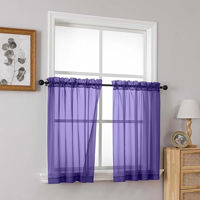Purple Small Sheer Curtains 2 Panels Set, Kitchen Curtains 36 Inch Length, Elegant Light Filtering Short Window Drapes for Living Room Bedroom, Dual Rod Pocket Design, 2x42Wx36L Inches