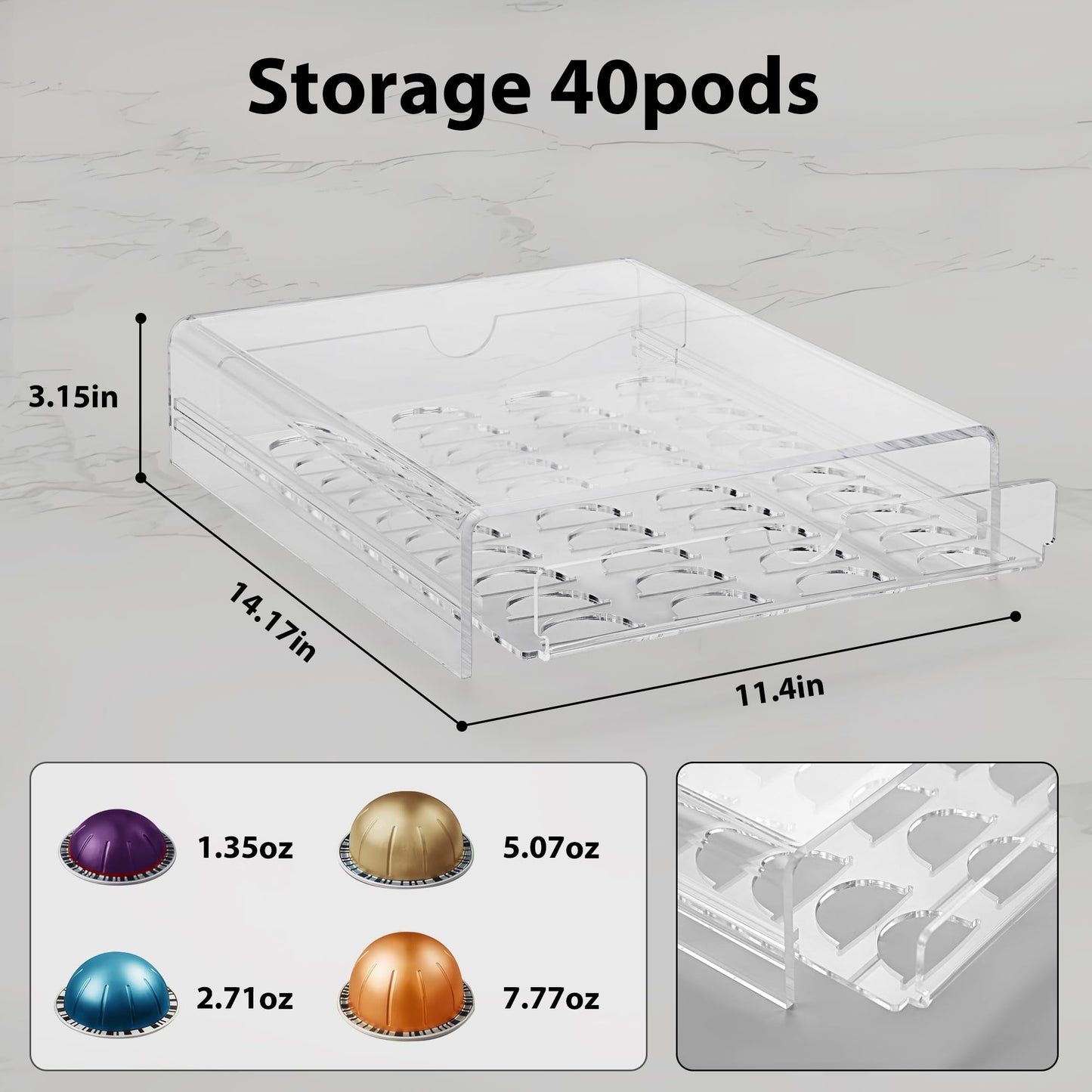 Clear Acrylic Coffee Pod Drawer for Nespresso Vertuo 40 Pod Double Sided Pull Out Organizer