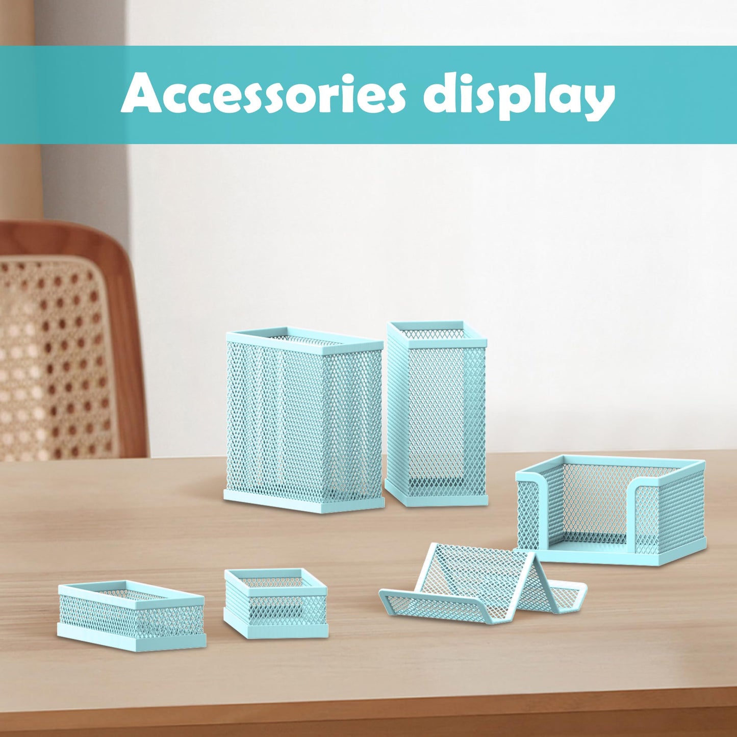 SUPEASY Pen Holder for Desk, 6 Piece Mesh Desk Organizer set for Office Organization with Mail Organizer, Letter Phone Holder, Sticky Notes Caddy Storage, Blue