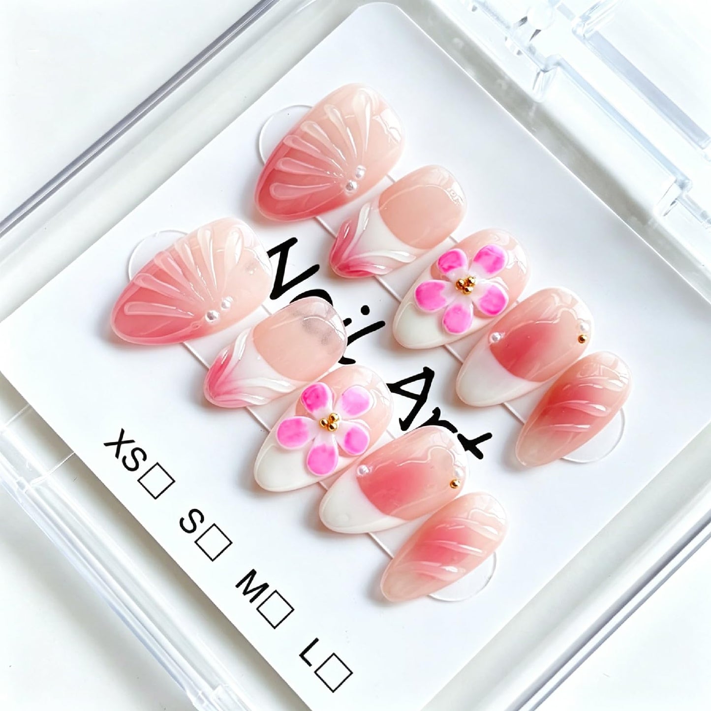 Threelegscat Cute Short Almond Handmade Press on Nails, Gradient Pink 3D Shell Flower Fake Nails Reusable for Women Daily Beach Vacation (Size M)10 PCS