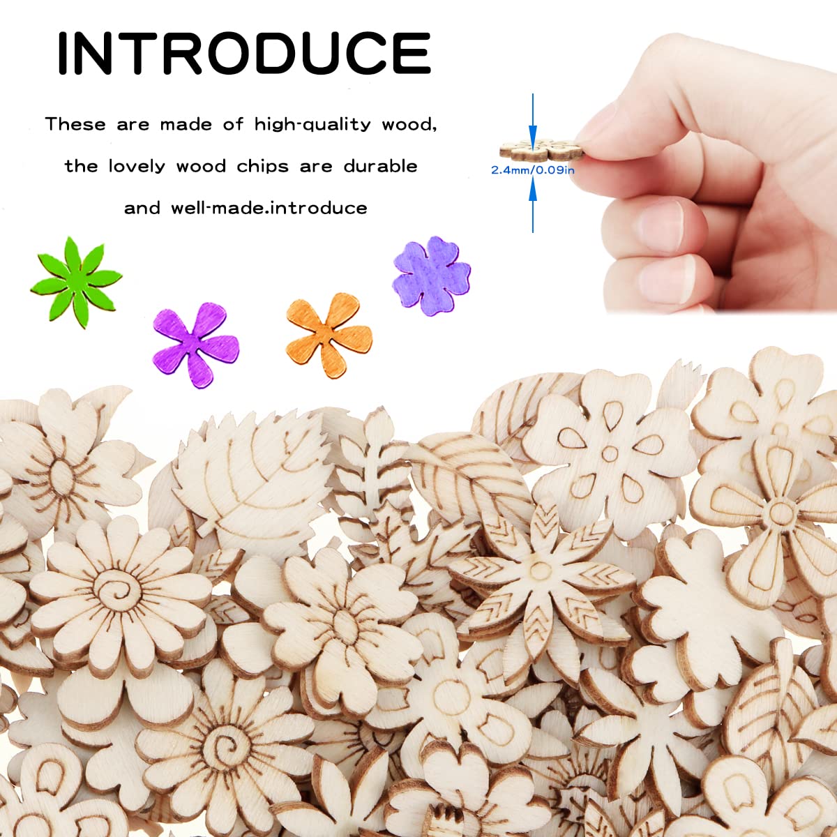 300 Pcs Wooden Embellishments Mixed Flower Leaf Pattern Wooden Scrapbooking DIY Handmade Crafts Children DIY Graffiti Home Decor