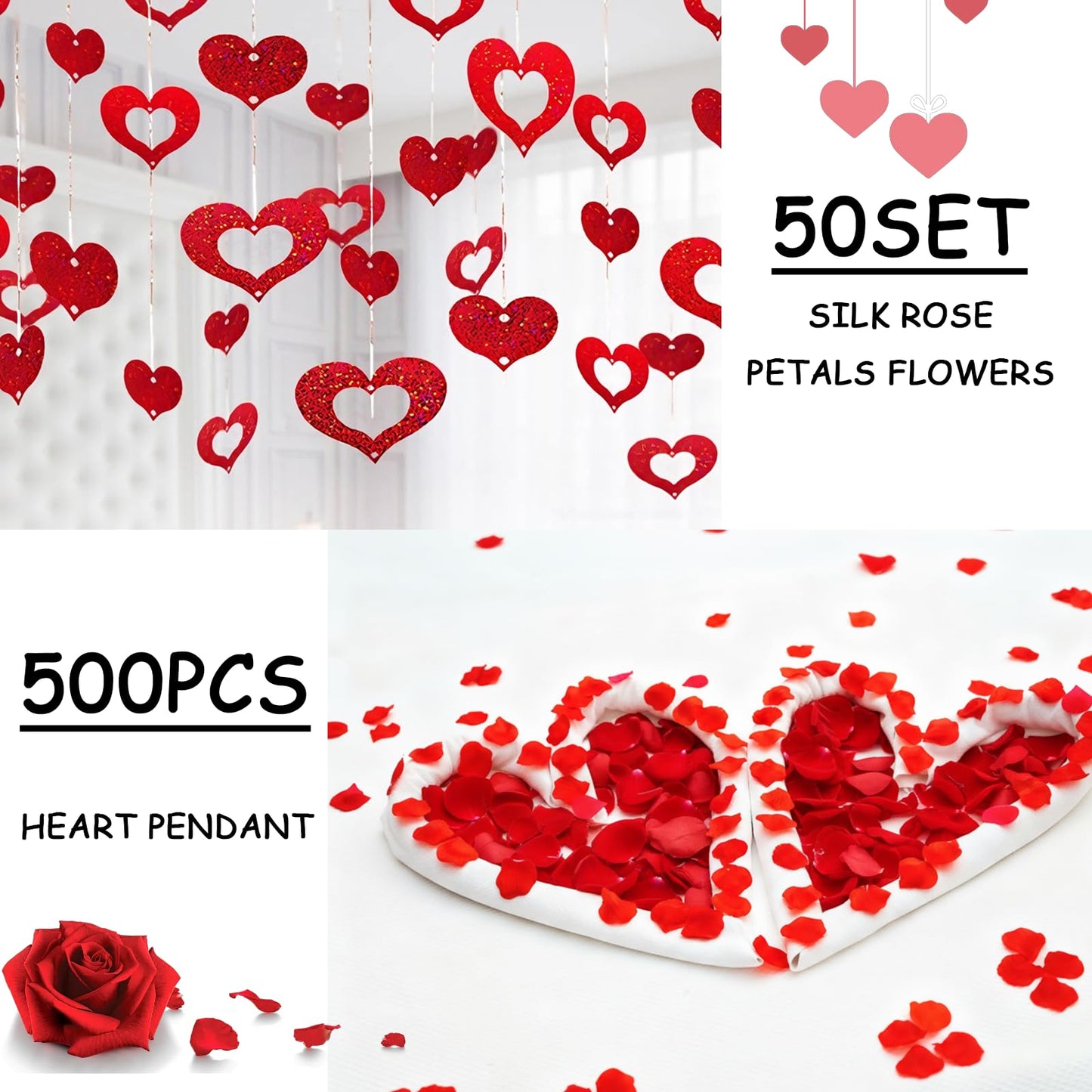 648PCS Valentines Party Decorations Kit with Rose Petals, Red and Silver Heart Balloons, Valentines Day Decor for Home, Wedding Decorations, Anniversary, Galentines Day Party