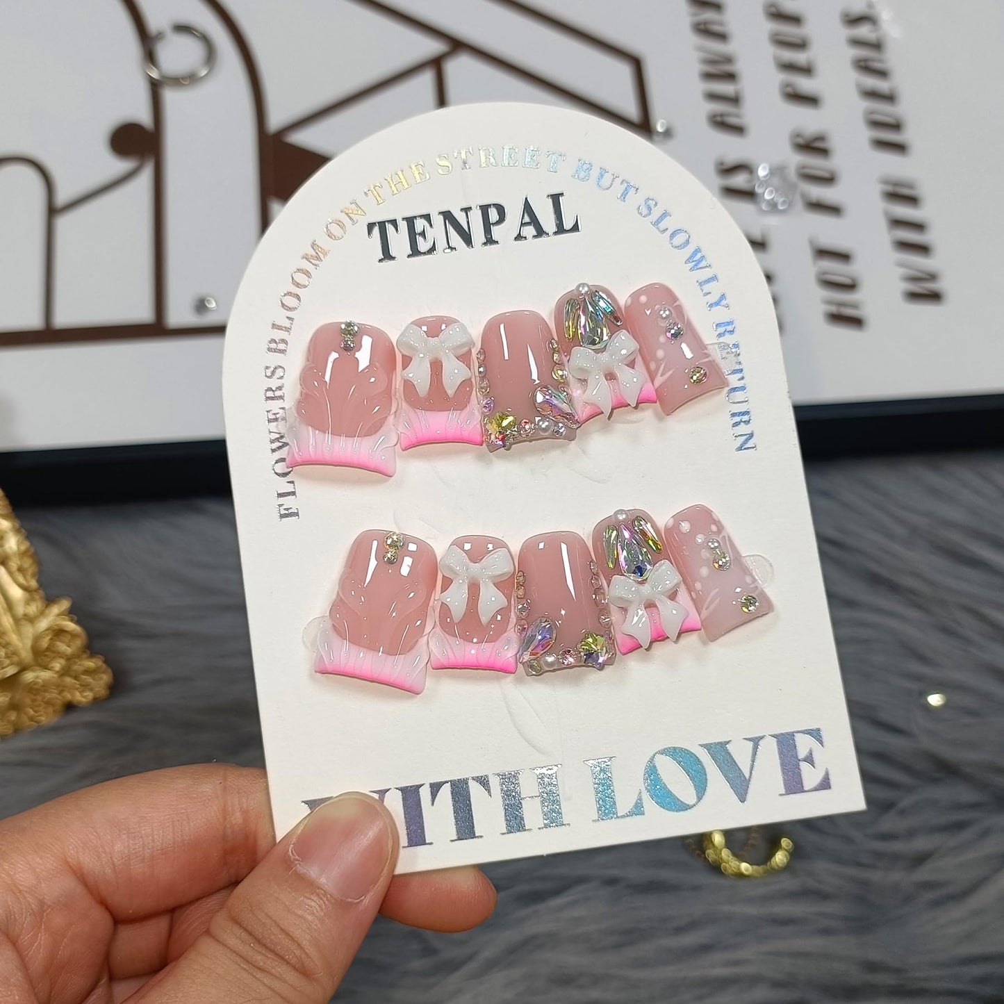 TENPAL 10Pcs Ballerina Press On Nails With Tools,3D Bow Flushed French Tip Fake Nails with Crystals Bow,Icy Pink Duckbill Nails with Glitter Sweet Punk Designs,Acrylic Glue on Nails for Pool Party(M)