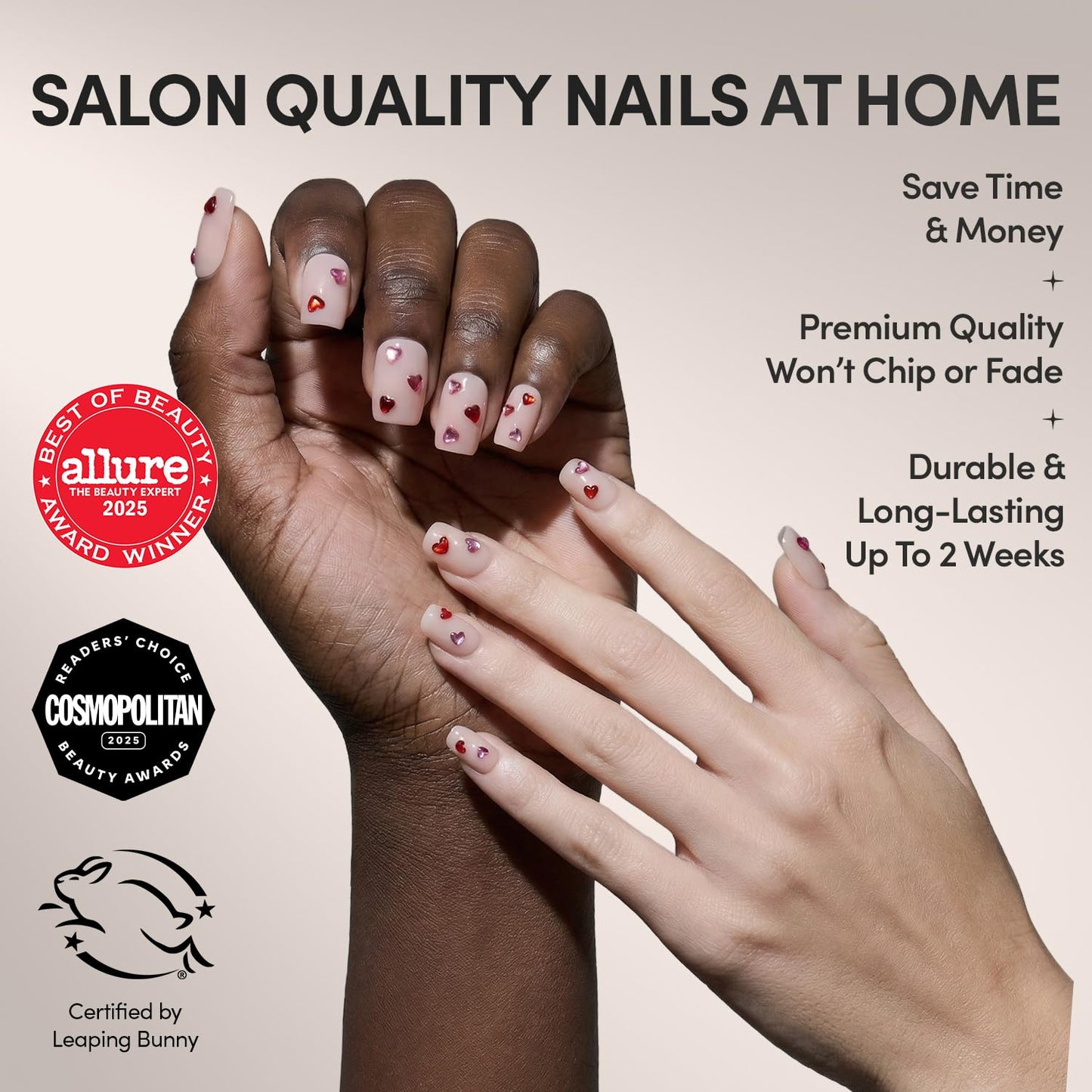 Glamnetic Press On Nails - Dear Lover | Short Squoval Fake Nails in Sheer Base with 3D Red & Pink Gemstone Heart Designs in a Glossy Finish | 15 Sizes - 30 Nail Kit with Glue