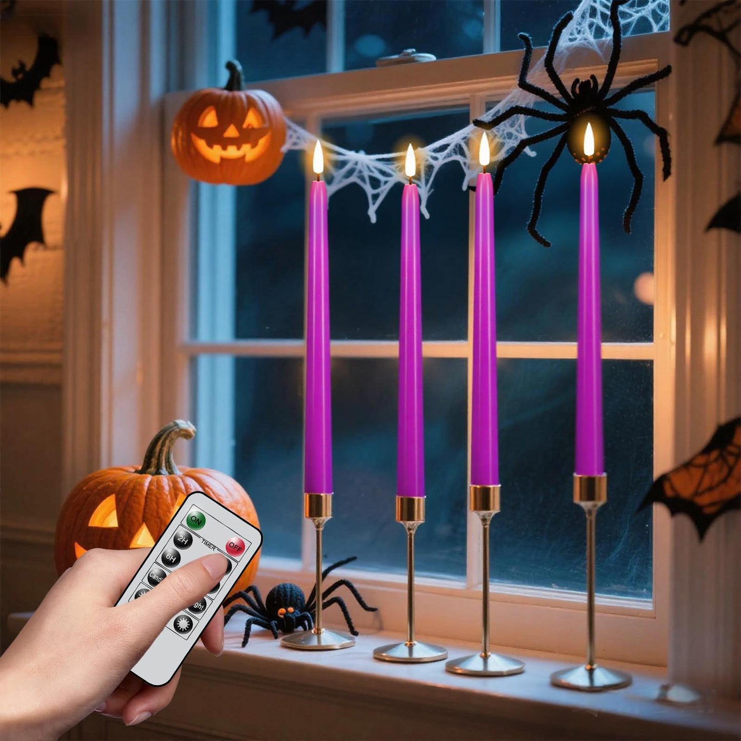 Wondise Halloween Flameless Taper Candles with Remote & Timer, 4 Pack Purple Battery Operated LED Candles with 3D Wick Flickering for Halloween Decorations Gift