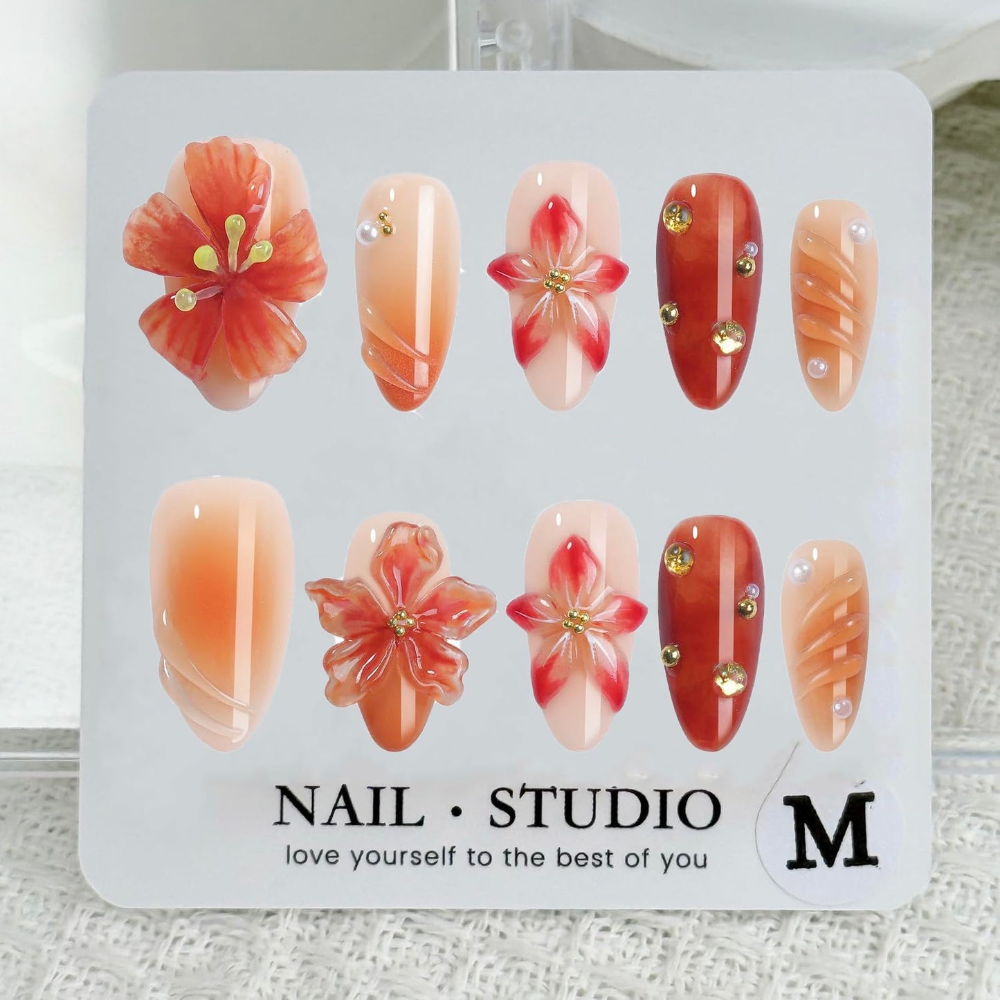 Handmade Press on Nails French Medium Almond Fake Nails with 3D Flower Pink Red Gradient Design Gold Maple Leaf False Nails for Girls Manicure Art Decoration Accessories (Size S)