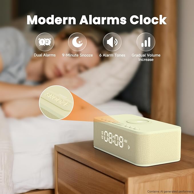 Digital Alarm Clock White Noise, Loud Digital Alarm Clocks Bedrooms, Alarm Clock Speaker Wireless Charger AUX USB Bluetooth Speaker 12/24H Dual Alarm Snooze Adjustable Brightness, Cream