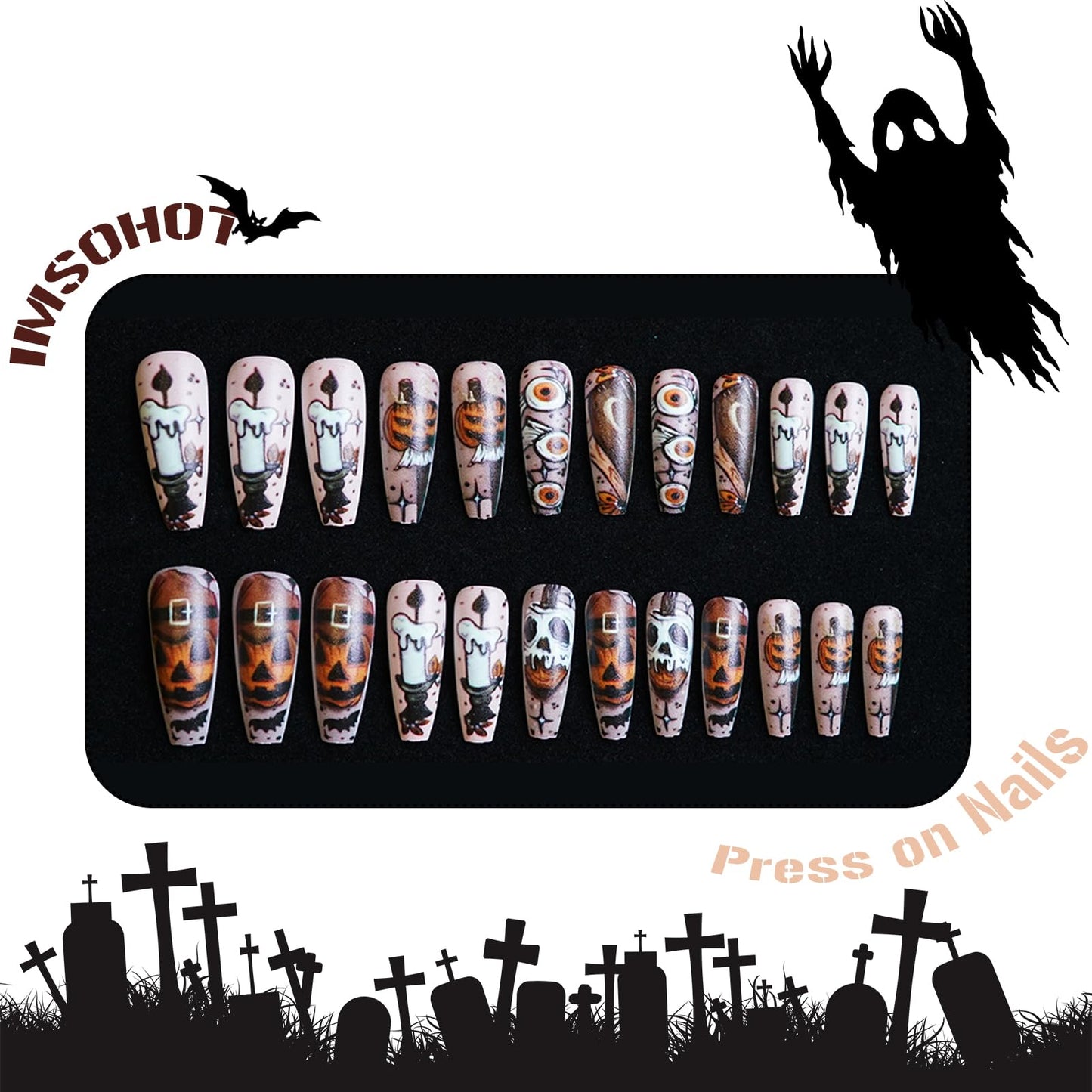 IMSOHOT Press on Nails Long Coffin Fake Nails Matte Nude False Nails with Pumpkin Skull Designs Acrylic Ballerina Glue Stick on Nails for Women 24Pcs