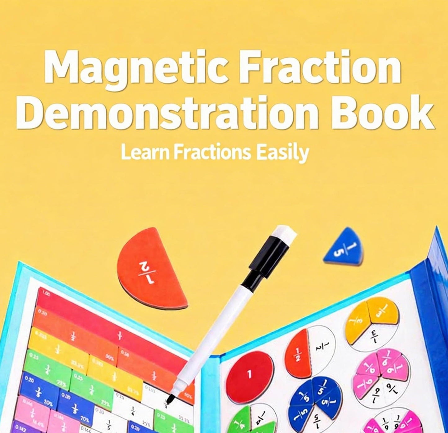 Magnetic Fraction Educational Puzzle, Magnetic Fraction Demonstration Book with Fraction Tiles & Circles, Fraction Manipulatives for Elementary School, Math Learning Skills for Kids
