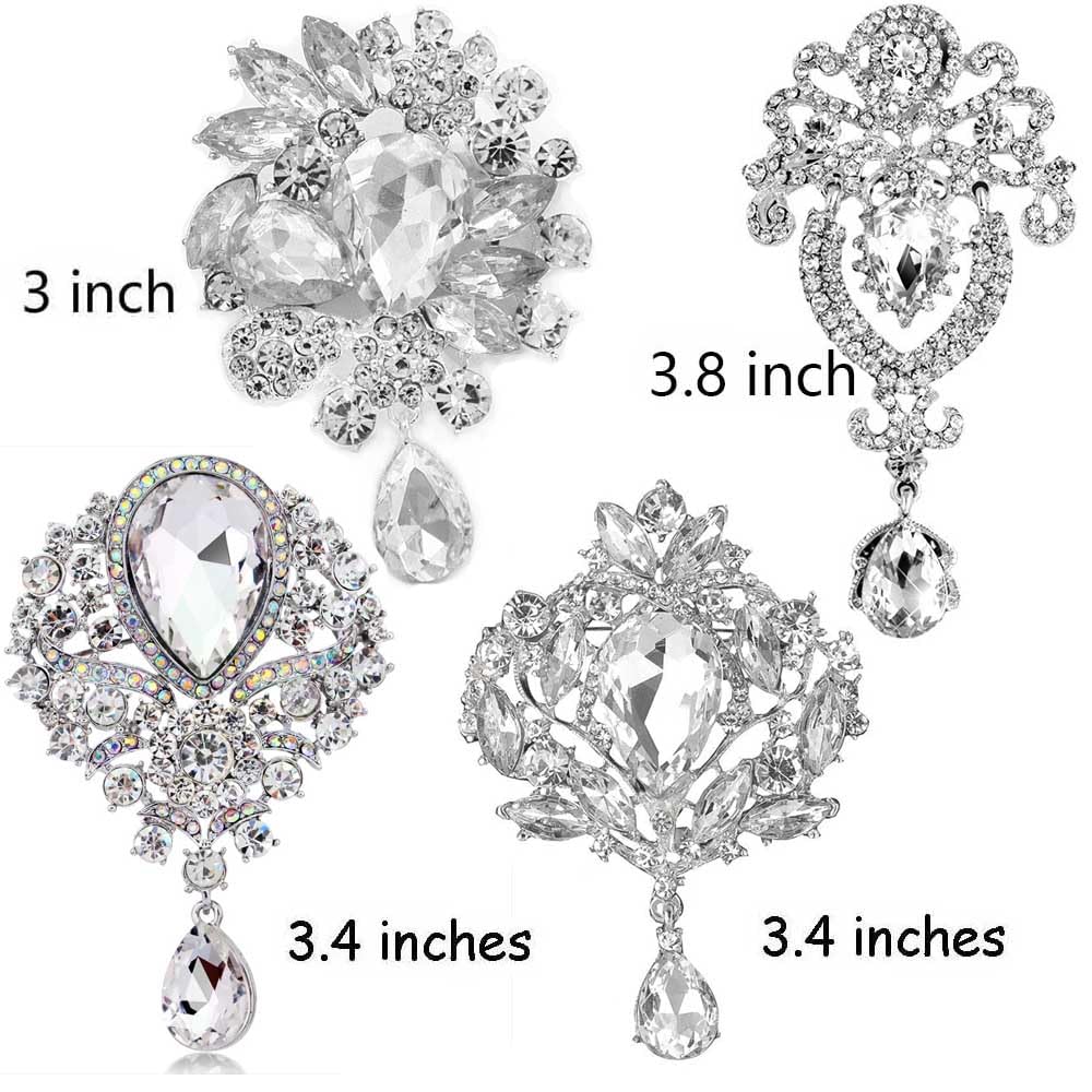 Ezing 4 Pieces Lot Large Big Silver Gold Plated Assorted Crystal Rhinestones Brooch Pins Set (B)