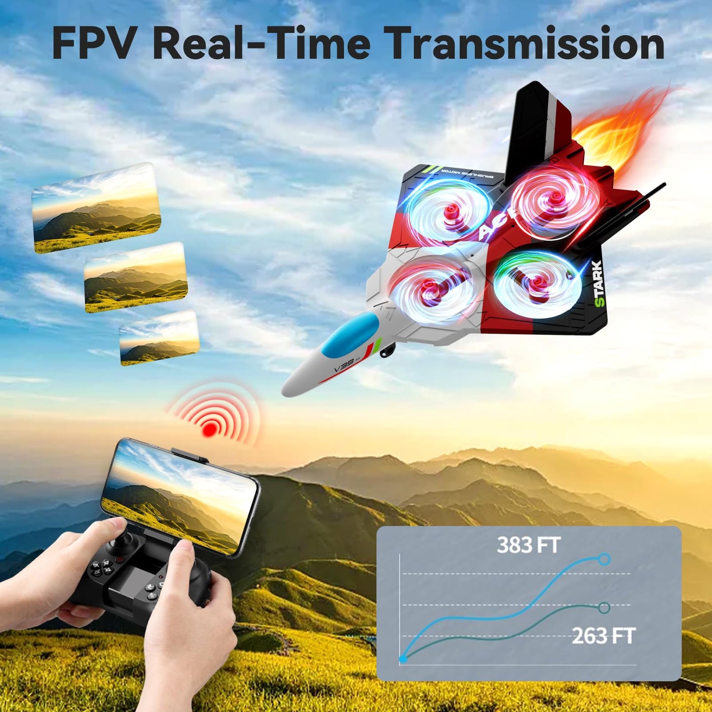 4DRC V39 RC Plane with Camera for Adults Kids, RC Airplane Fighter Jet 2.4GHz RTF Glider Aircraft Plane Toys,Waypoint Functions,Altitude Hold, Gesture Selfie,3D Flips,2 Batteries,Red