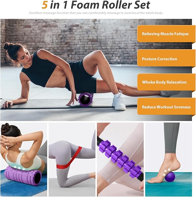 5 in1 Foam Roller Set, Trigger Point Foam Roller, Massage Roller Stick, Massage Ball, Resistance Band for Deep Muscle Massage Pilates Yoga,Fitness Exercise for Whole Body (Purple)