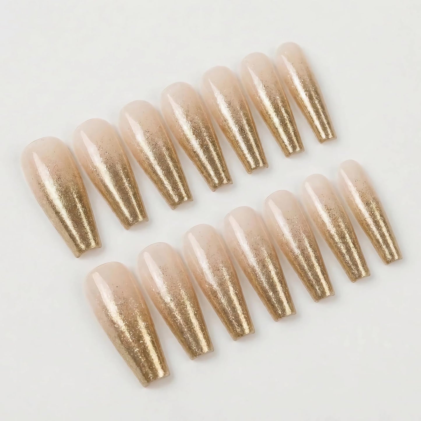 MISUD Press on Nails - Long Coffin Fake Nails with Nude Gel, Acrylic Bling Gold Glitter Design 24 pcs
