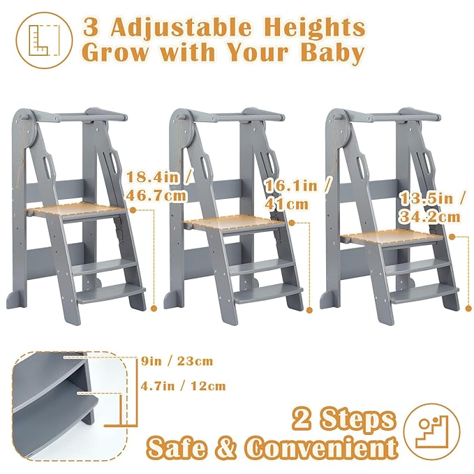 FUNLIO Foldable Kitchen Step Stool for Kids 2-6 Years, Montessori Step Stool, 3-Level Height Adjustable Standing Tower, Easy to Assemble, CPC & CE,Grey