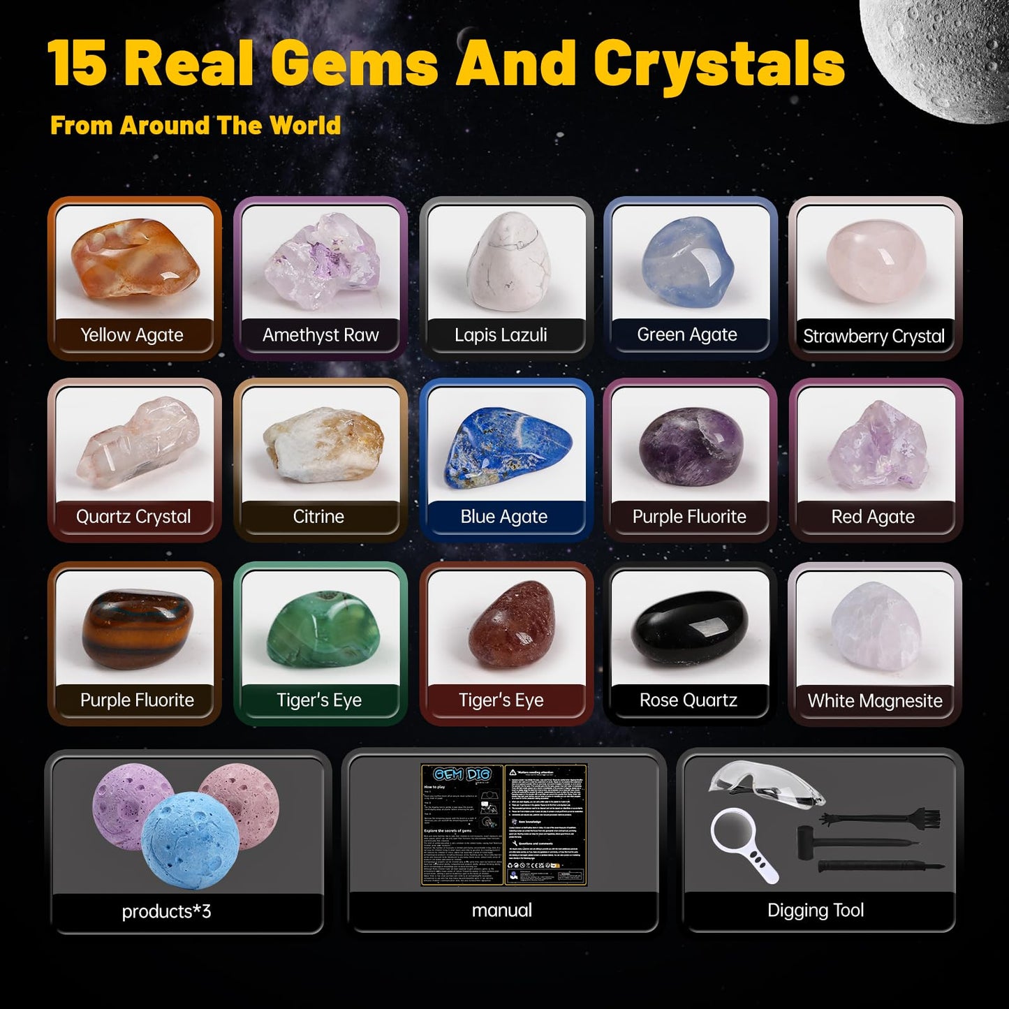 Hovydzz Gemstones Dig Kit, Science Kit for Kids, Dig up 15 Real Gems & Explore Solar System, STEM Educational Mining Space Toys, Archaeology Geology Science Experiments Gift for Boys&Girls Age 6-8-12