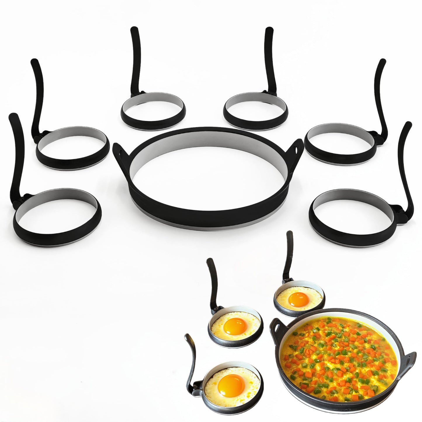 GAGAQI Nonstick Silicone Egg & Omelet Ring Kit,4" Egg Rings & 8" Omelet Ring, Egg Rings for Frying Eggs, Pancakes, Patties and English Muffins, 7 Piece Set (BLACK)